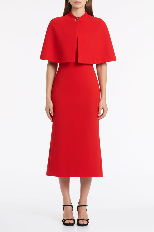 Image of a model wearing Shorts. Product name - Red Crepe Short Cape in Red colour by brand - Carla Zampatti
