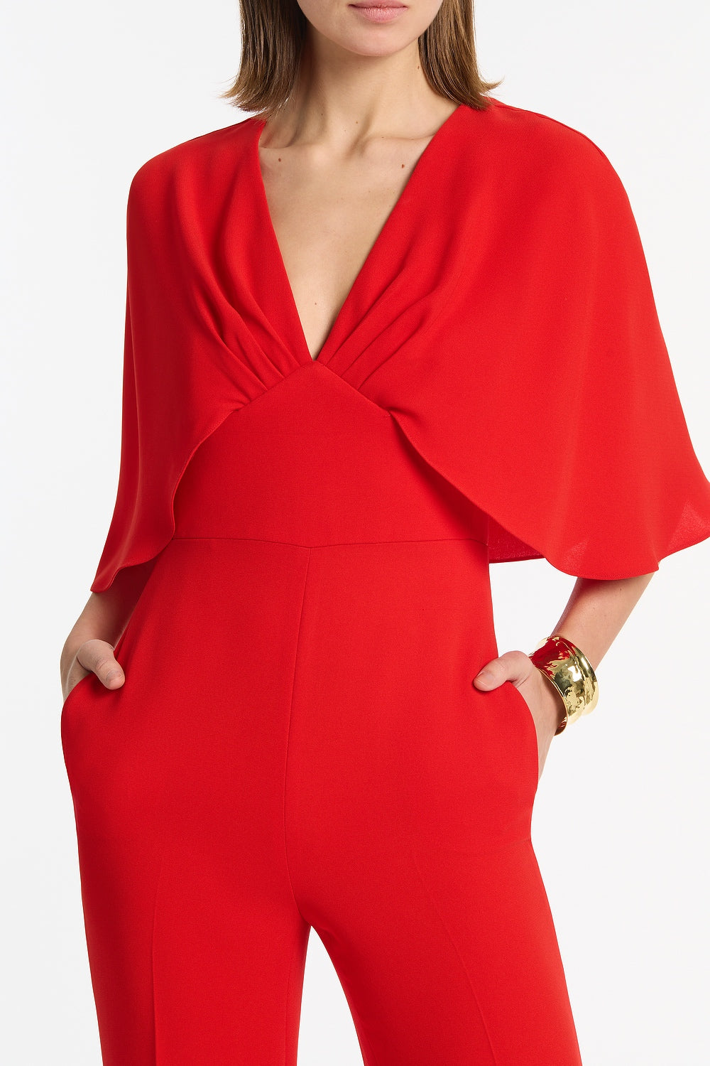 Carla Zampatti Crepe Tuck Front Cape Jumpsuit (Red)