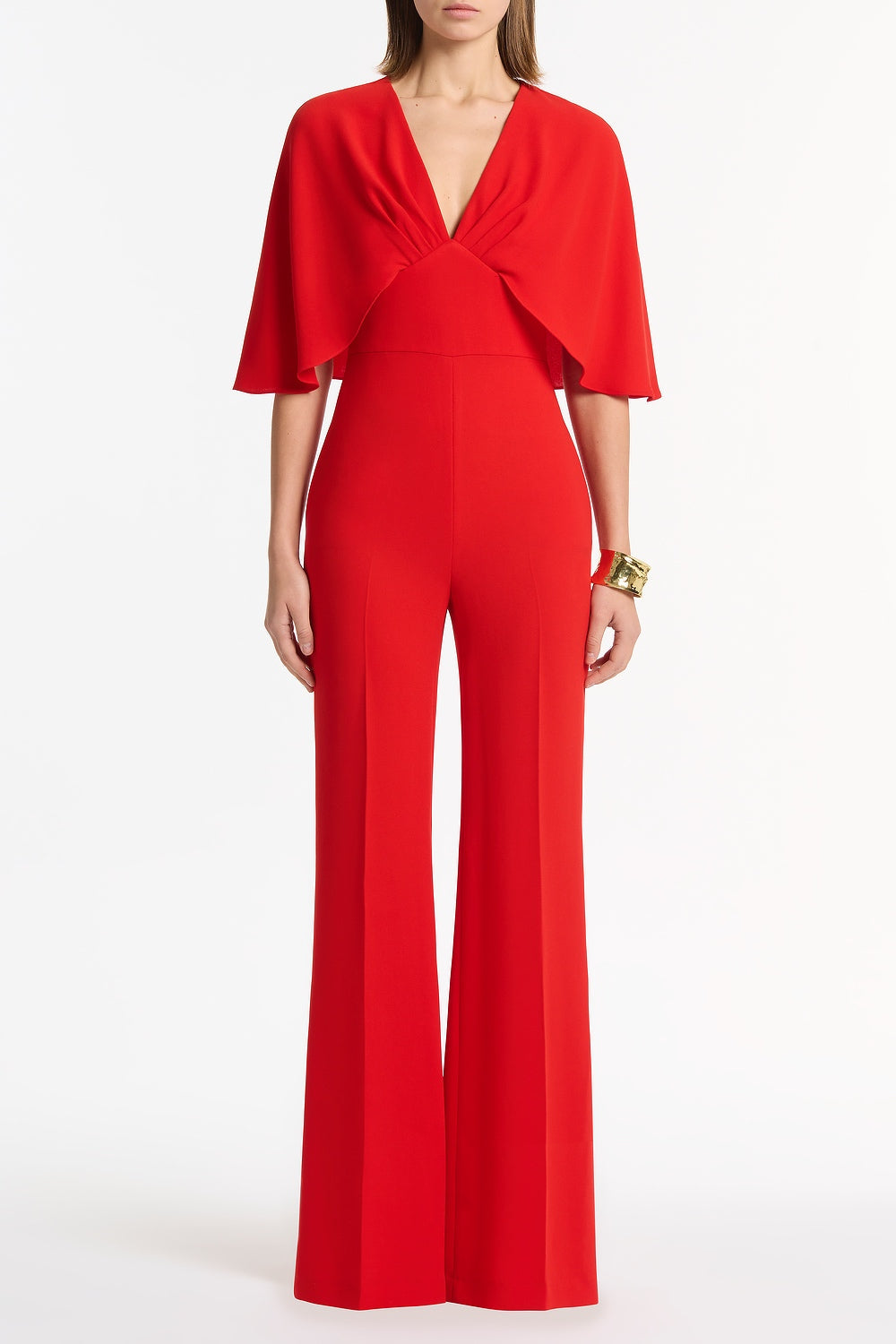 Image of Bodysuits. Product name - Red Crepe Tuck Front Cape Jumpsuit in Red colour by brand - Carla Zampatti