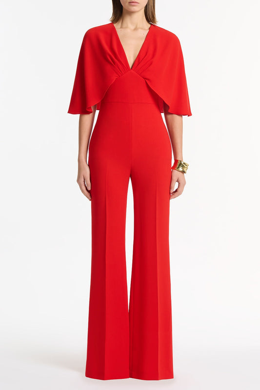 Image of Bodysuits. Product name - Red Crepe Tuck Front Cape Jumpsuit in Red colour by brand - Carla Zampatti