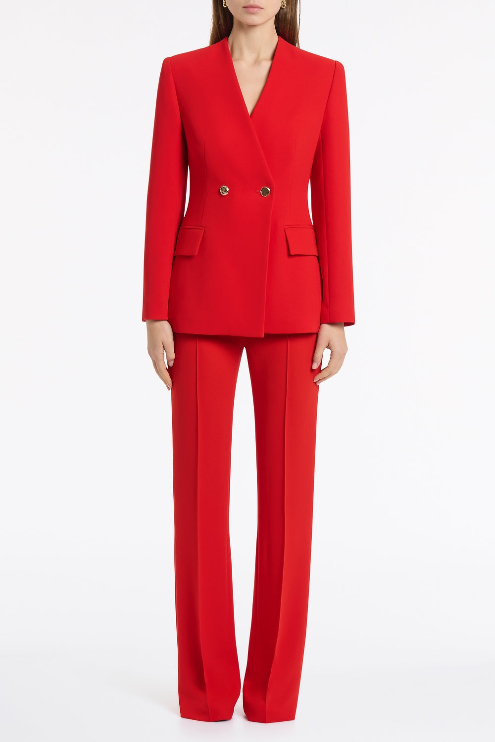 Image of Coats & Jackets. Product name - Red Crepe V-Neck Double Breasted Jacket in Red colour by brand - Carla Zampatti