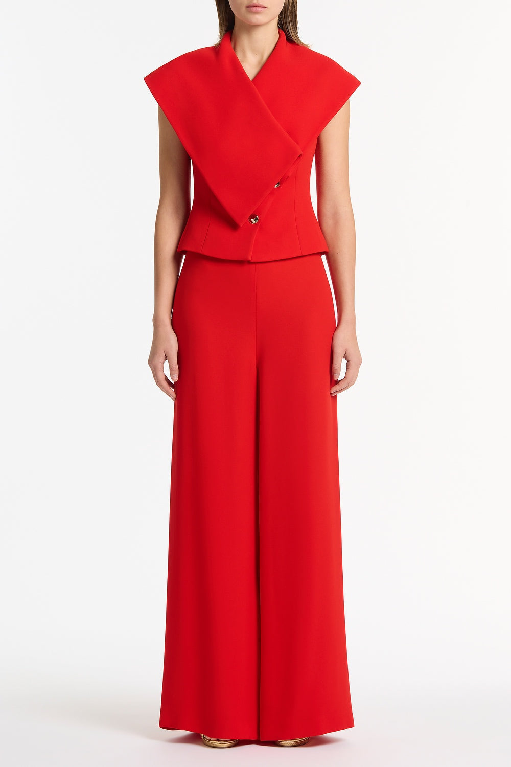 Image of Coats & Jackets. Product name - Red Crepe Wrap Sleeveless Jacket in Red colour by brand - Carla Zampatti