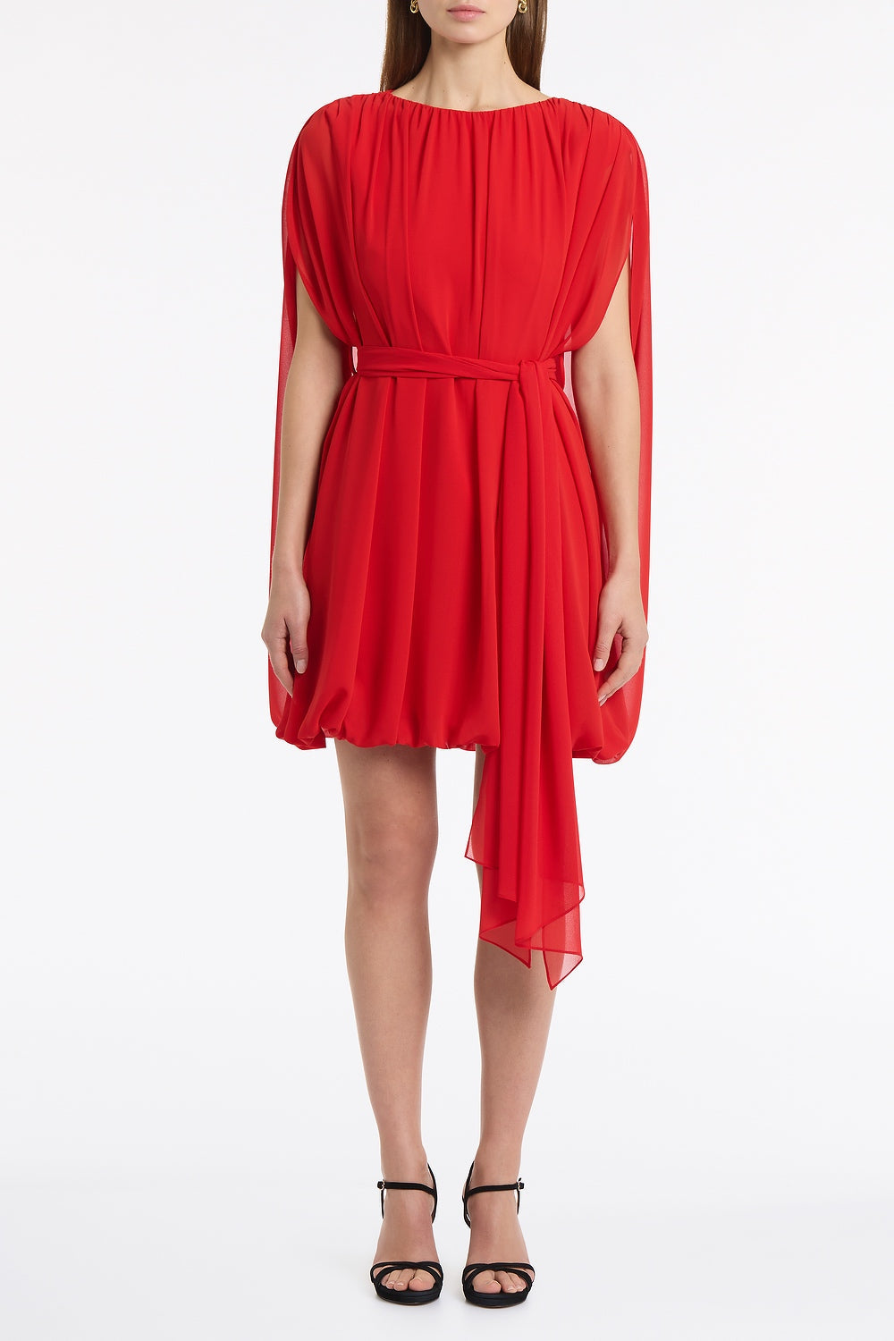 Image of Dresses. Product name - Red Georgette Gathered Capelet Dress in Red colour by brand - Carla Zampatti