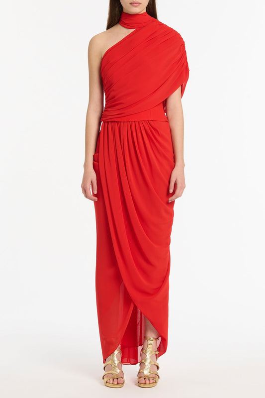 Image of a model wearing Tops. Product name - Red Georgette One Shoulder Drape Top in Red colour by brand - Carla Zampatti