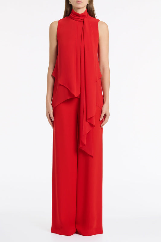 Image of a model wearing Tops. Product name - Red Georgette Tie Top in Red colour by brand - Carla Zampatti