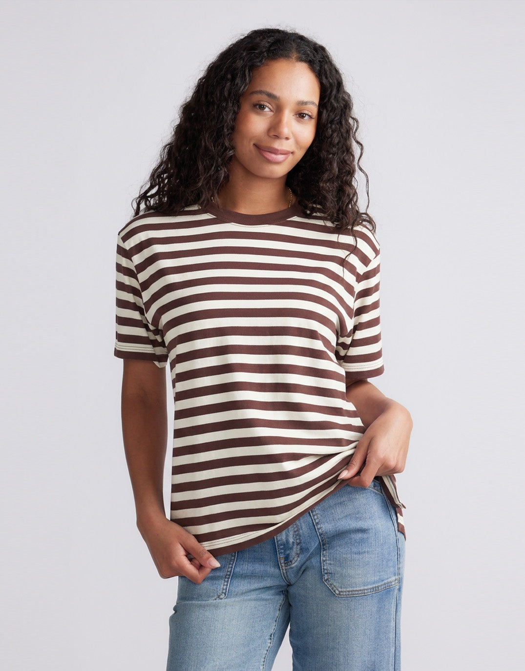 Image of T-Shirts. Product name - Relaxed Tee Chocolate/Ecru in Chocolate/Ecru colour by brand - White & Co.