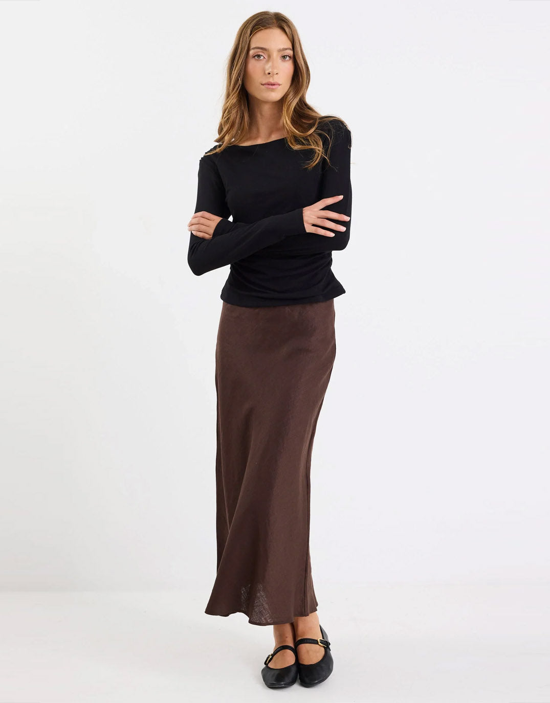 Re:Union The Label Bliss Linen Bias Midi Skirt (Dark Chocolate)