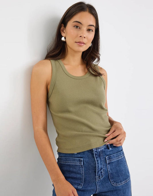 Image of T-Shirts. Product name - Cobble Rib Cutaway Tank Khaki in Khaki colour by brand - Re:Union The Label