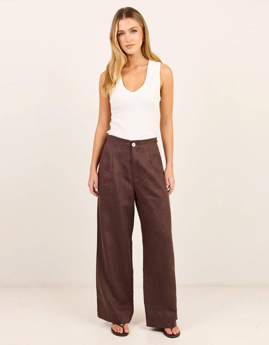 Re:Union The Label Curator Linen Pleat Front Wide Leg Pants (Dark Chocolate)