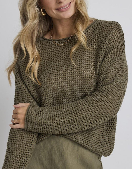 Image of a model wearing Tops. Productname: Dawn Crochet Knit Jumper - in Soft Khaki colour by brand - Re:Union The Label