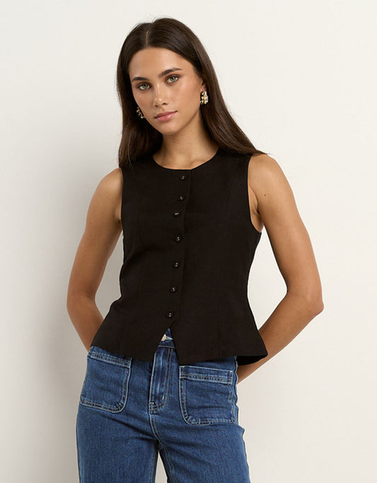 Image of a model wearing Tops. Productname: Infusion Sleeveless Vest - in Black colour by brand - Re:Union The Label