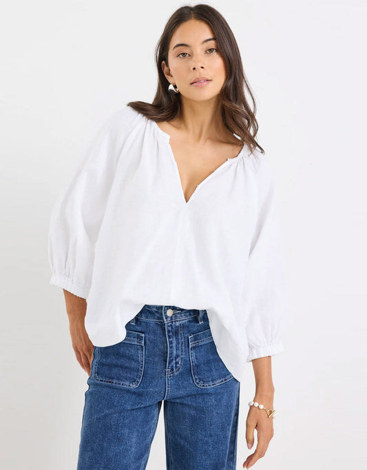 Image of a model wearing Tops. Productname: Revolutionary Linen Relaxed Long Sleeve Top - in White colour by brand - Re:Union The Label