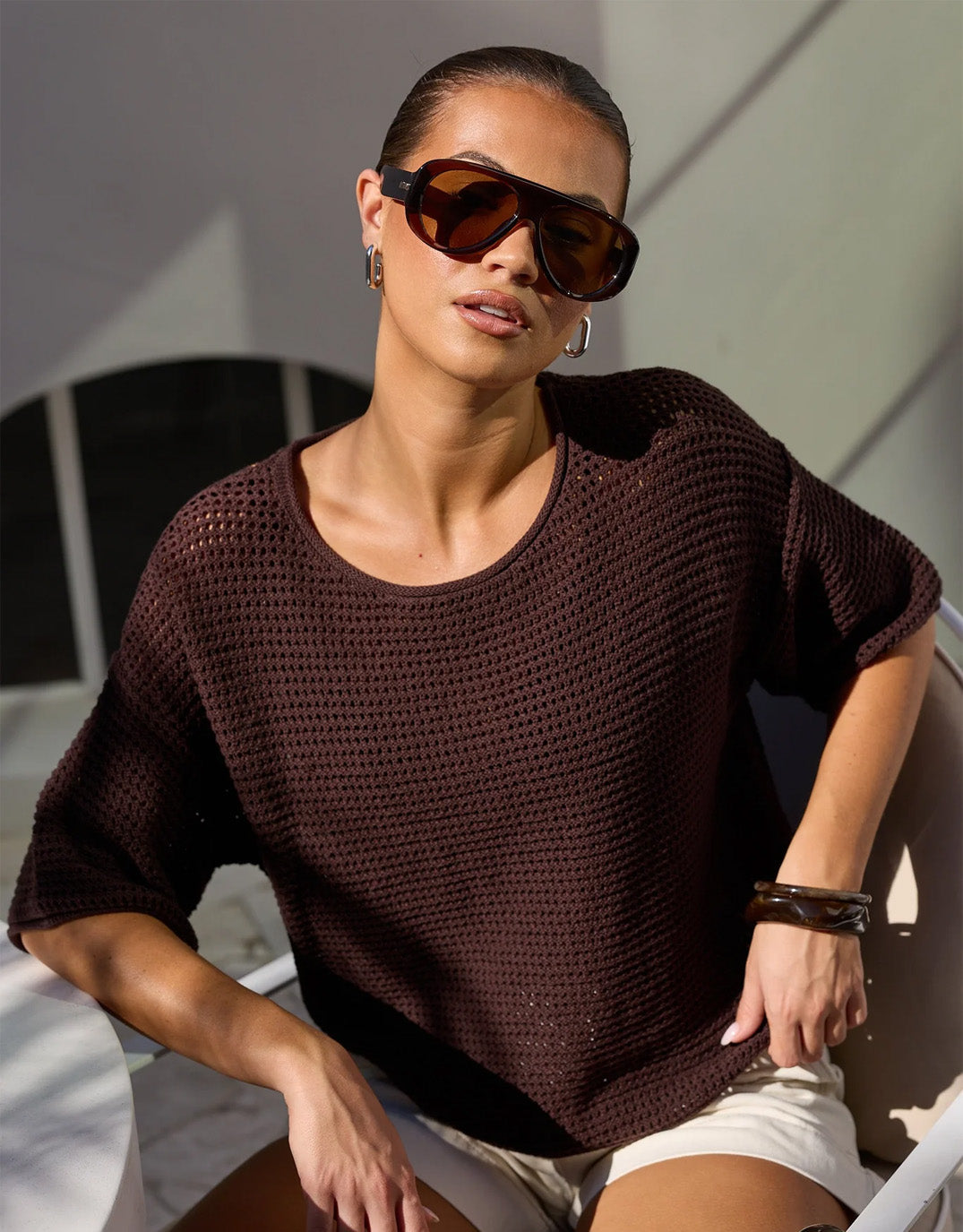 Re:Union The Label Sunrise Crochet Knit Top (Chocolate)