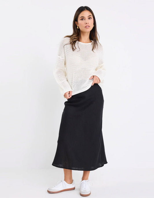 Bliss Linen Bias Midi Skirt - (Black)