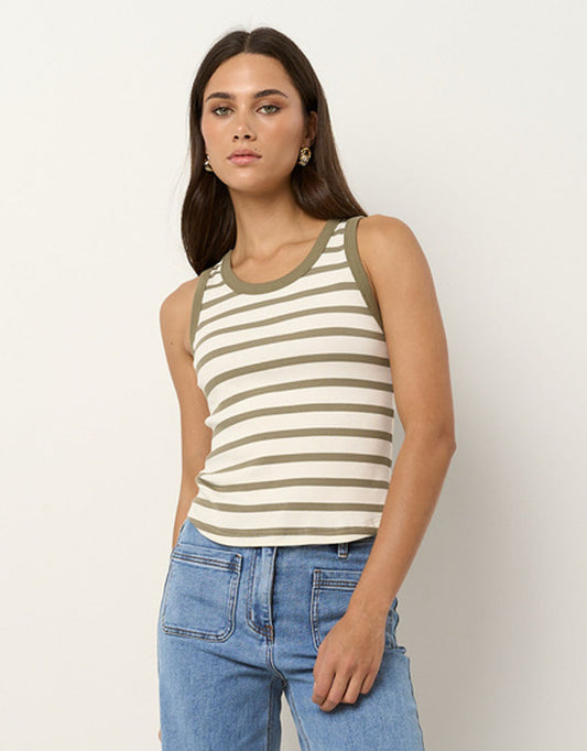 Image of a model wearing Tops. Productname: Cobble Rib Cutaway Tank - in Khaki/Ivory Stripe colour by brand - Re:Union The Label