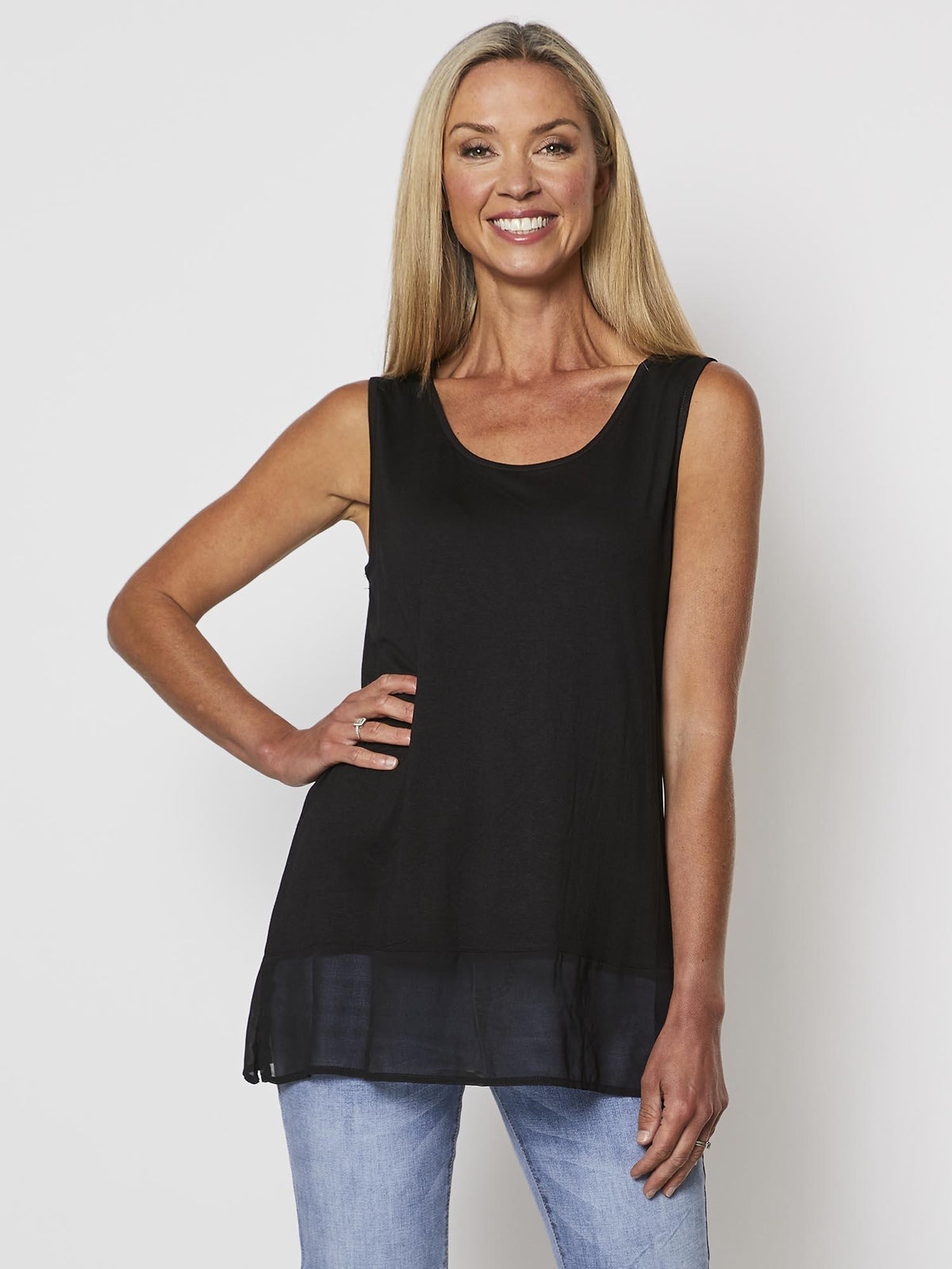 Image of a model wearing Tops. Product name - Reversible Tank Black in Black colour by brand - Threadz