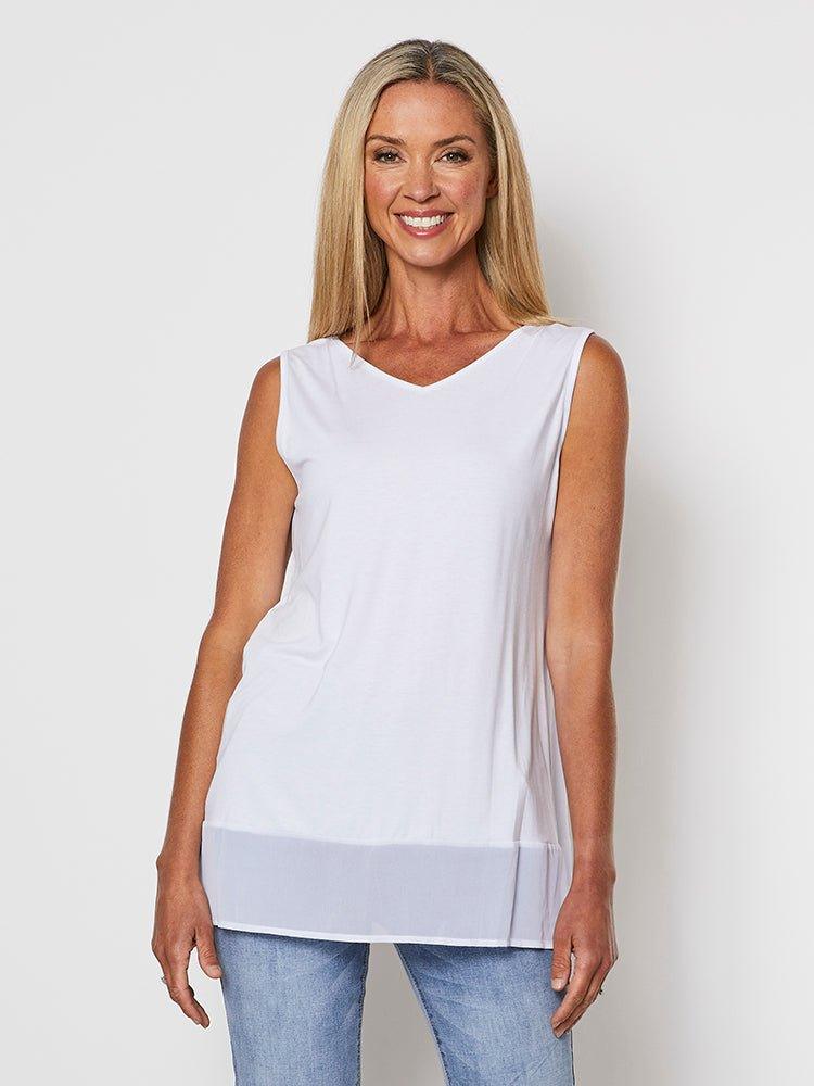 Image of a model wearing Tops. Product name - Reversible Tank White in White colour by brand - Threadz