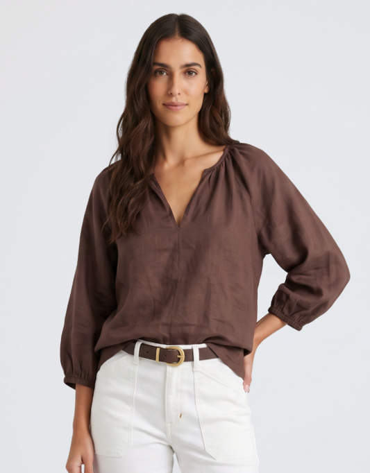 Image of a model wearing Tops. Product name - Revolutionary Linen Relaxed LS Top Chocolate in Chocolate colour by brand - Re:Union The Label