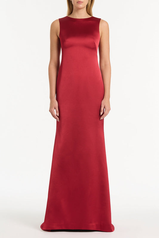 Image of Dresses. Product name - Rio Red Satin Fishtail Gown in Red colour by brand - Carla Zampatti