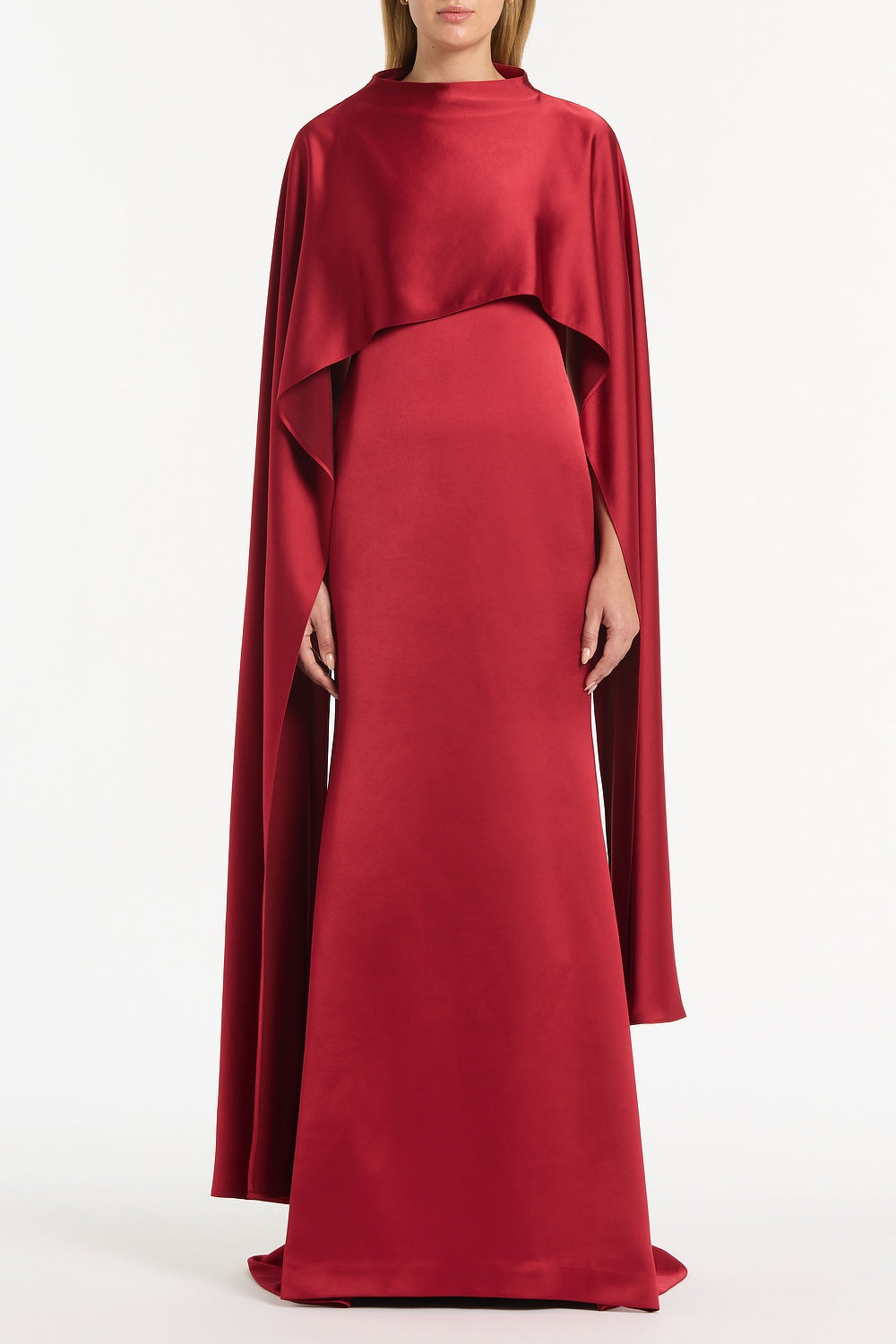 Image of Dresses. Product name - Rio Red Satin Cape Dress in Red colour by brand - Carla Zampatti