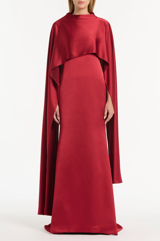 Image of Dresses. Product name - Rio Red Satin Cape Dress in Red colour by brand - Carla Zampatti