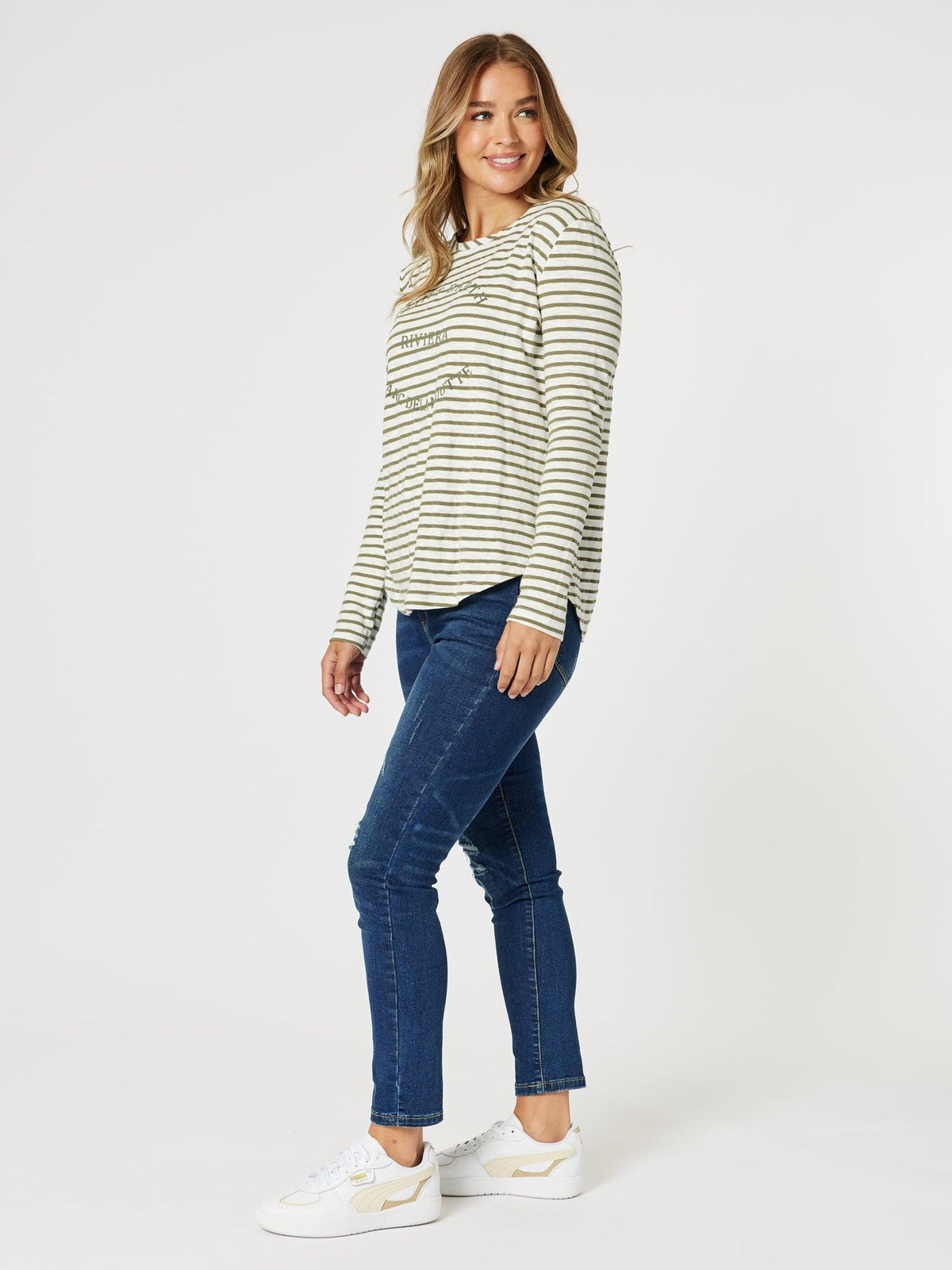 Threadz Riviera Stripe Print Long Sleeve Tee (Khaki/White)