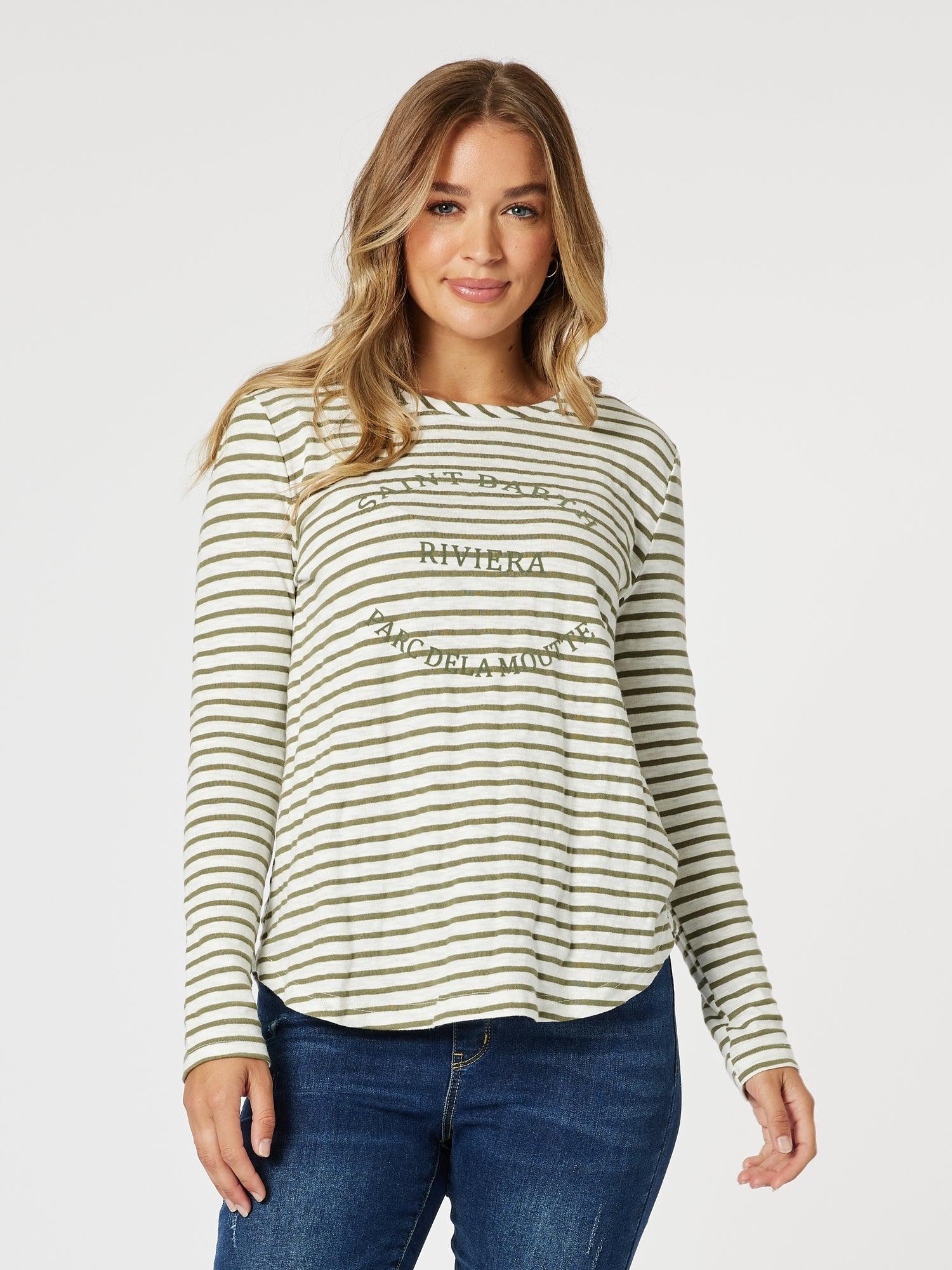 Image of a model wearing Tops. Product name - Riviera Stripe Print Long Sleeve Tee Khaki/White in Khaki/White colour by brand - Threadz