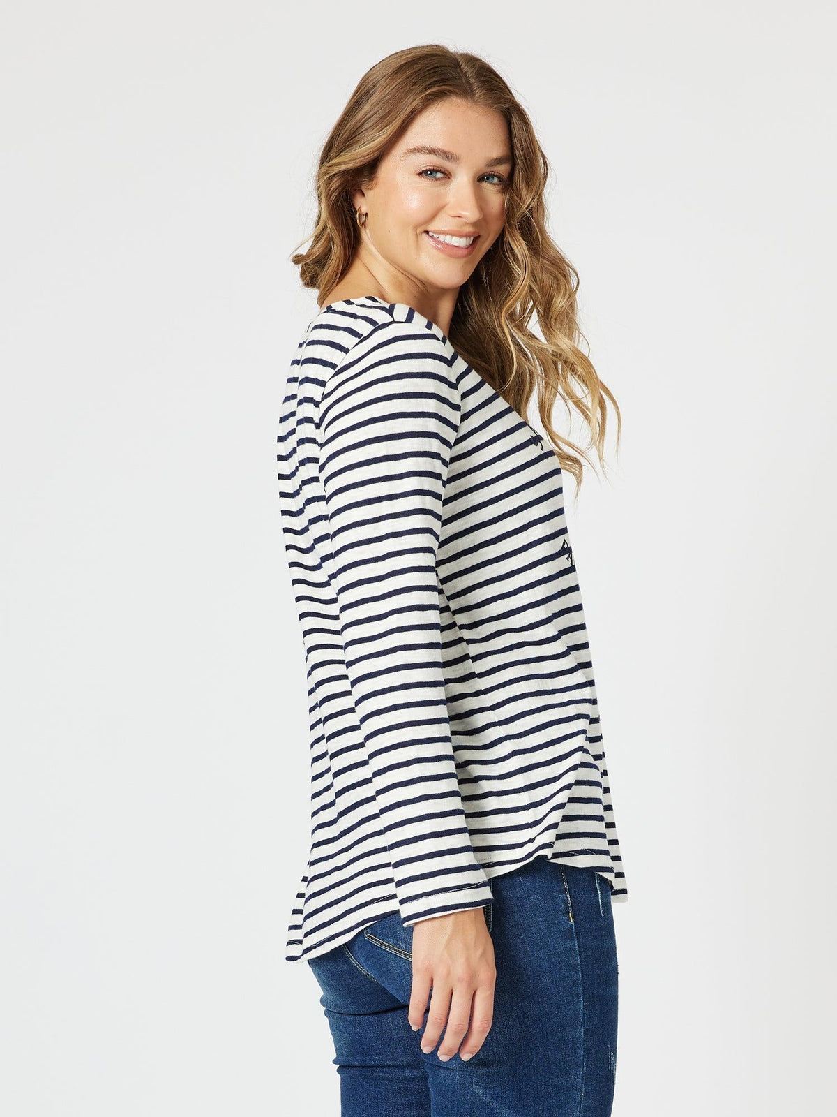Threadz Riviera Stripe Print Long Sleeve Tee (Navy/White)