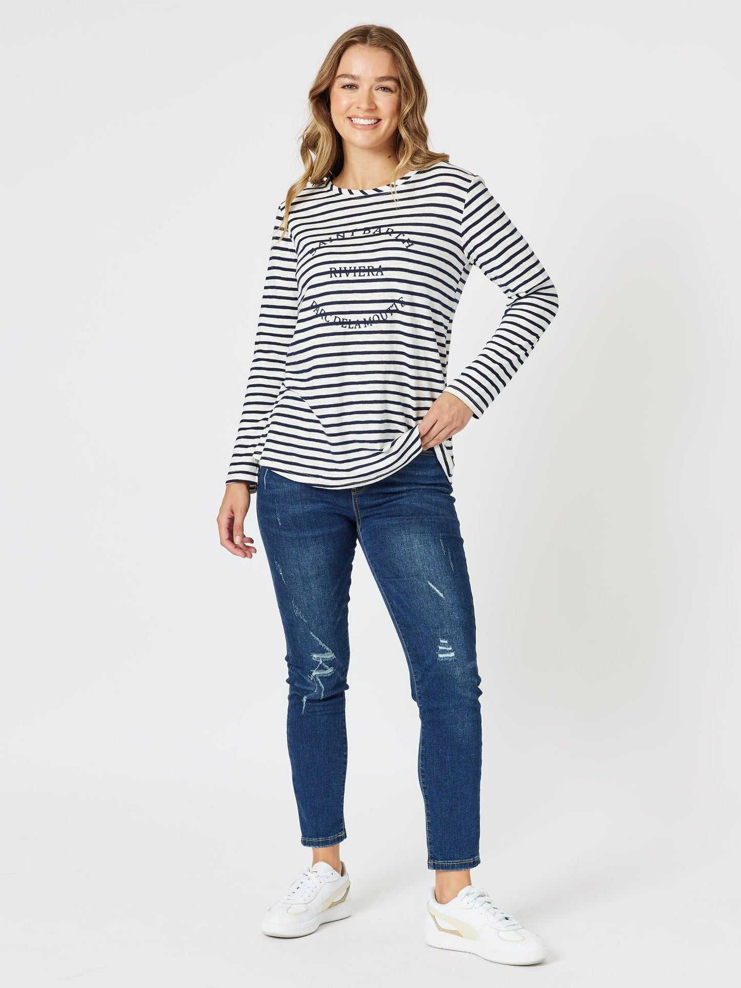 Threadz Riviera Stripe Print Long Sleeve Tee (Navy/White)