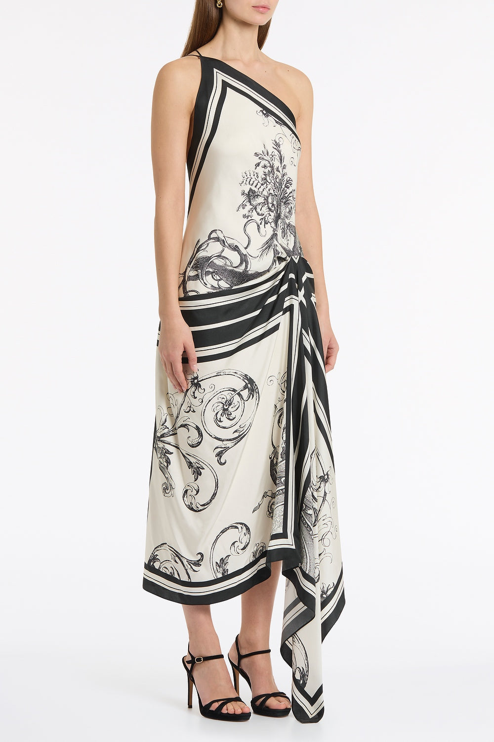 Carla Zampatti Rococo Silk Twill Asymmetrical Scarf Gown (White)