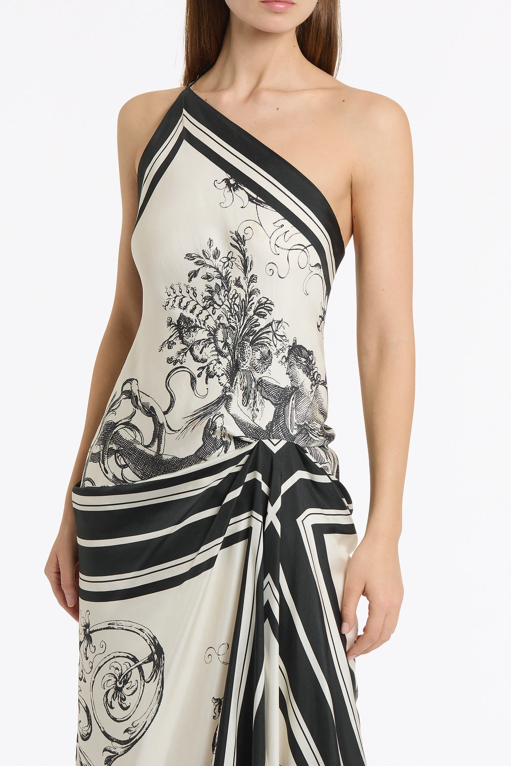 Carla Zampatti Rococo Silk Twill Asymmetrical Scarf Gown (White)