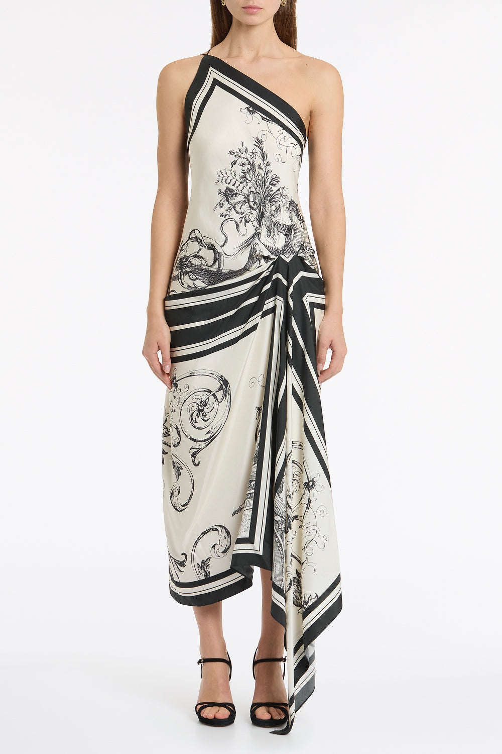 Image of Dresses. Product name - Rococo Silk Twill Asymmetrical Scarf Gown in White colour by brand - Carla Zampatti