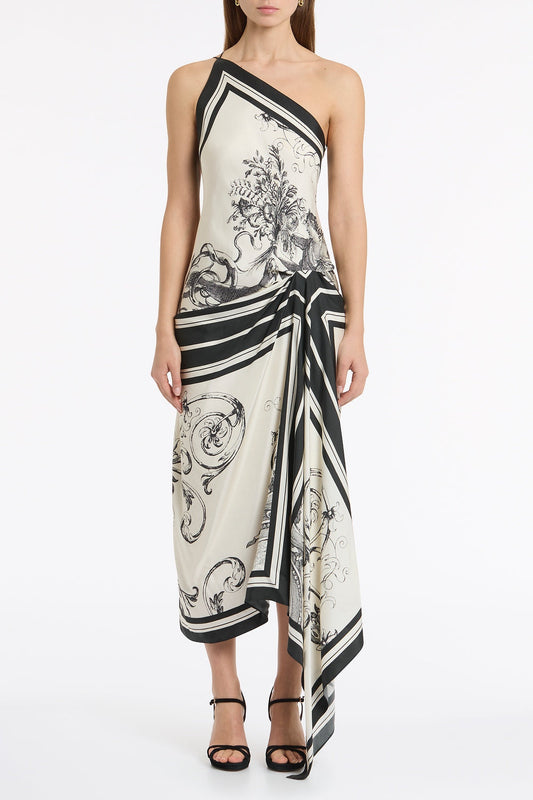 Image of Dresses. Product name - Rococo Silk Twill Asymmetrical Scarf Gown in White colour by brand - Carla Zampatti