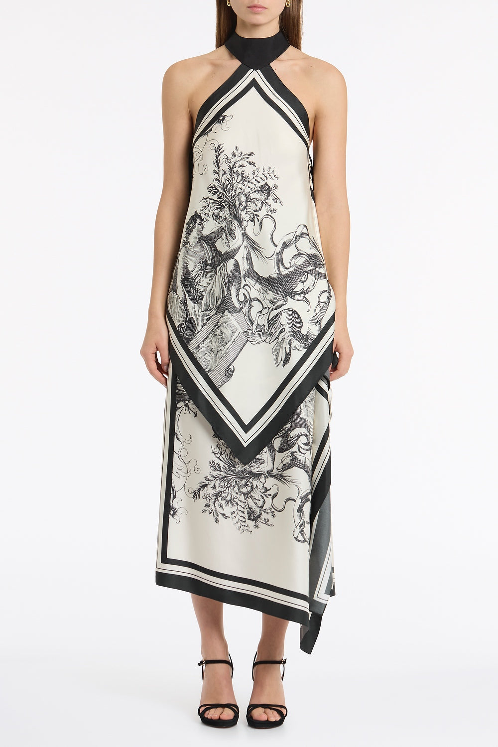 Image of a model wearing Tops. Product name - Rococo Silk Twill Neck Detail Top in White colour by brand - Carla Zampatti