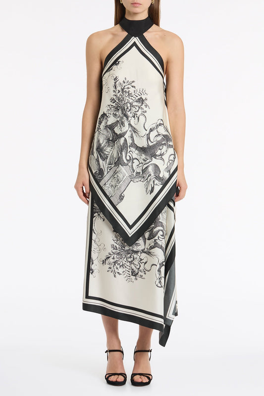 Image of a model wearing Tops. Product name - Rococo Silk Twill Neck Detail Top in White colour by brand - Carla Zampatti