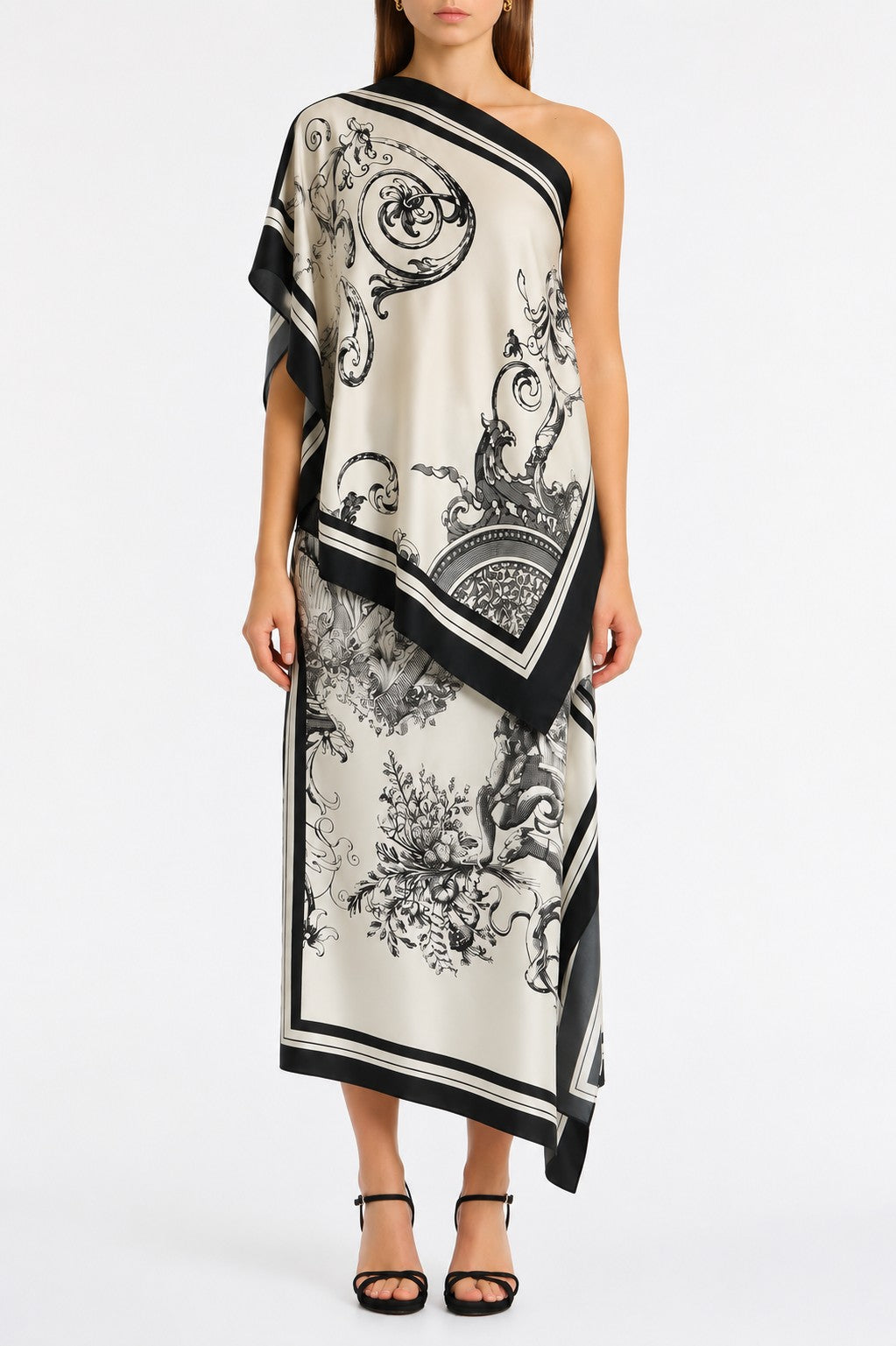 Image of a model wearing Tops. Product name - Rococo Silk Twill Peak Hem Scarf Top in White colour by brand - Carla Zampatti
