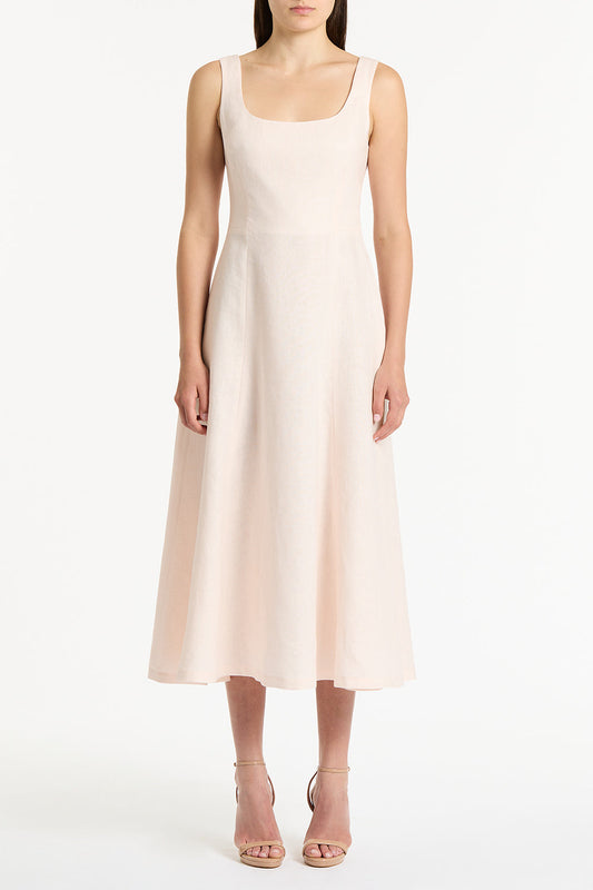 Image of Dresses. Product name - Rosa Linen Square Neck Midi Dress in Pink colour by brand - Carla Zampatti