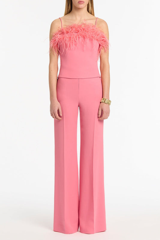 Image of a model wearing Tops. Product name - Rose Pink Crepe Feather Top in Pink colour by brand - Carla Zampatti