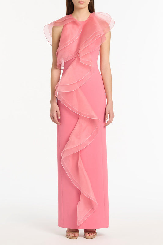 Image of Dresses. Product name - Rose Pink Crepe Ruffle Front Gown in Pink colour by brand - Carla Zampatti
