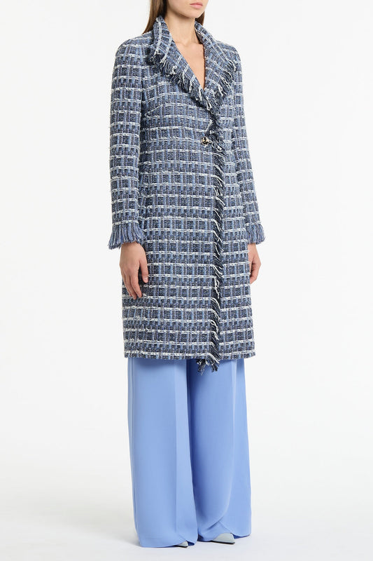 Carla Zampatti Royal Metallic Check Tweed Fringed Coat (Blue)