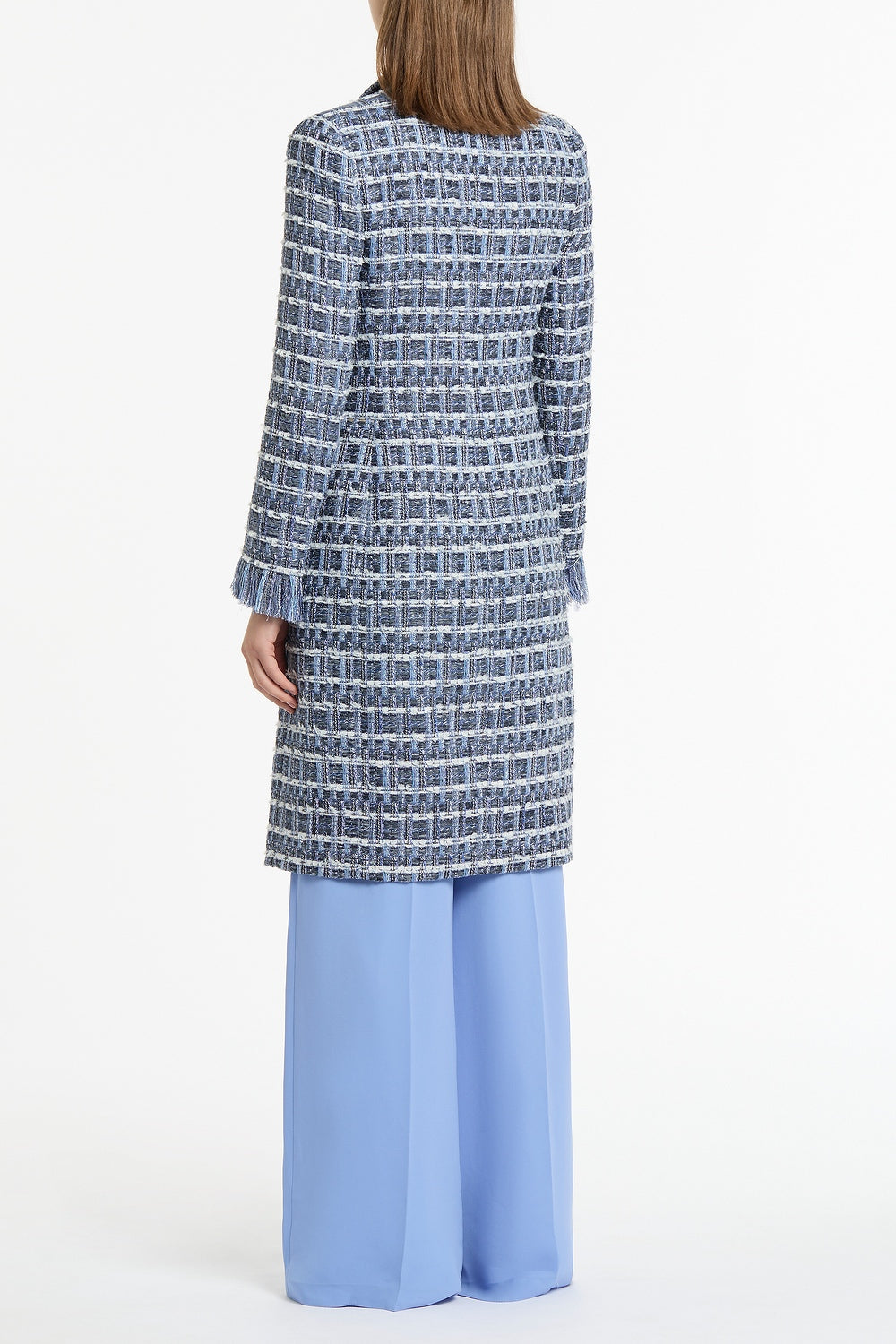 Carla Zampatti Royal Metallic Check Tweed Fringed Coat (Blue)
