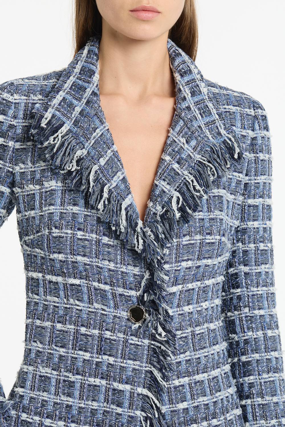 Carla Zampatti Royal Metallic Check Tweed Fringed Coat (Blue)