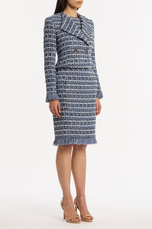 Carla Zampatti Royal Metallic Check Tweed Fringed Cropped Jacket (Blue)