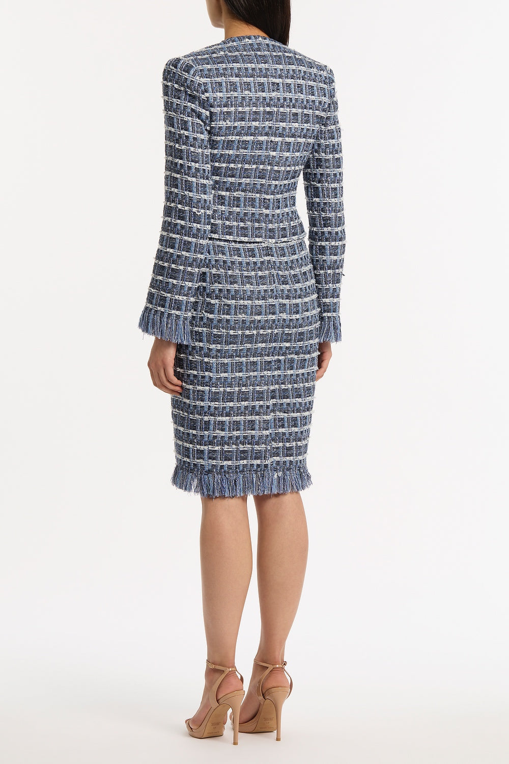 Carla Zampatti Royal Metallic Check Tweed Fringed Cropped Jacket (Blue)