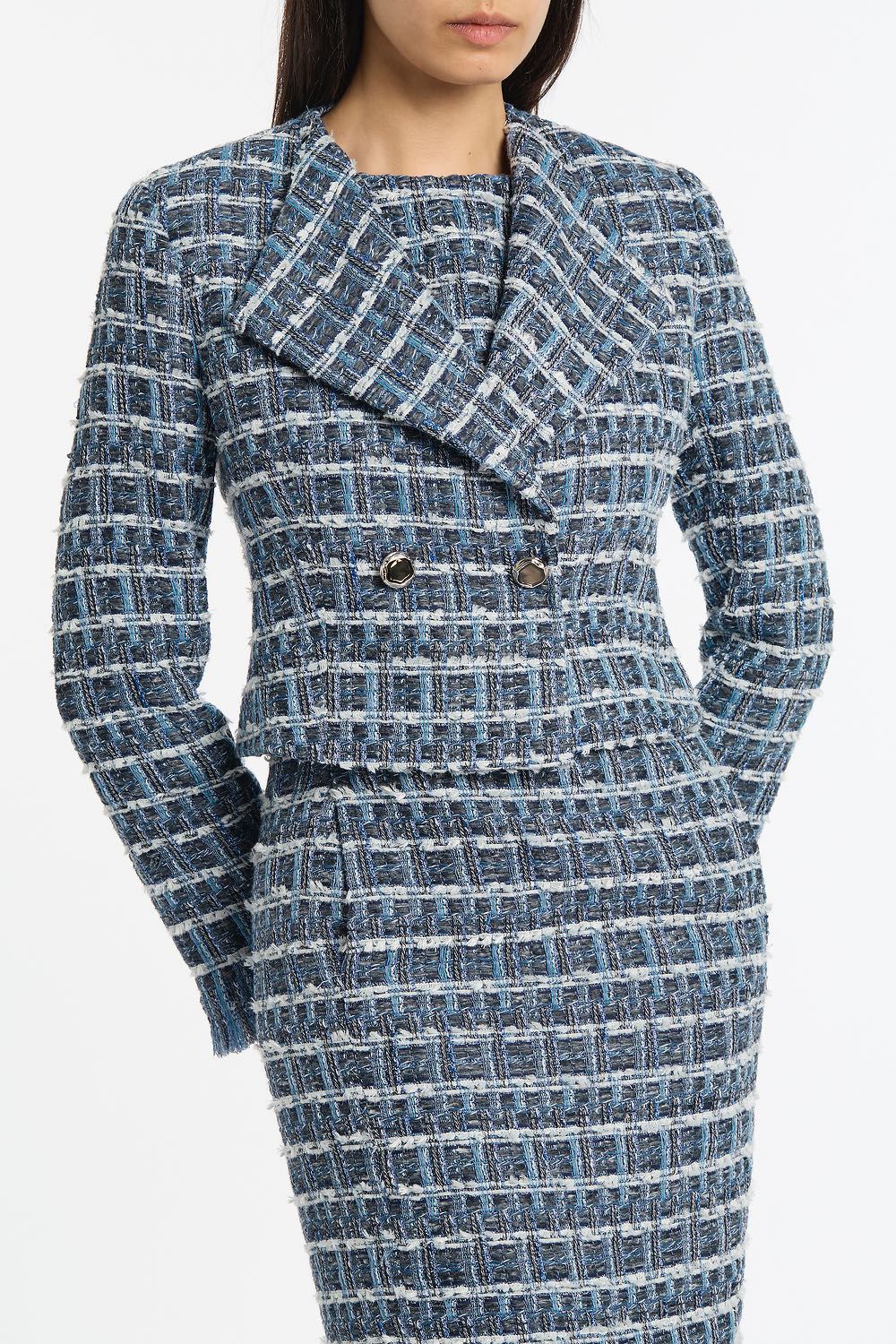 Carla Zampatti Royal Metallic Check Tweed Fringed Cropped Jacket (Blue)