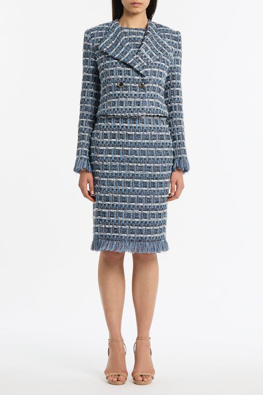 Image of Coats & Jackets. Product name - Royal Metallic Check Tweed Fringed Cropped Jacket in Blue colour by brand - Carla Zampatti