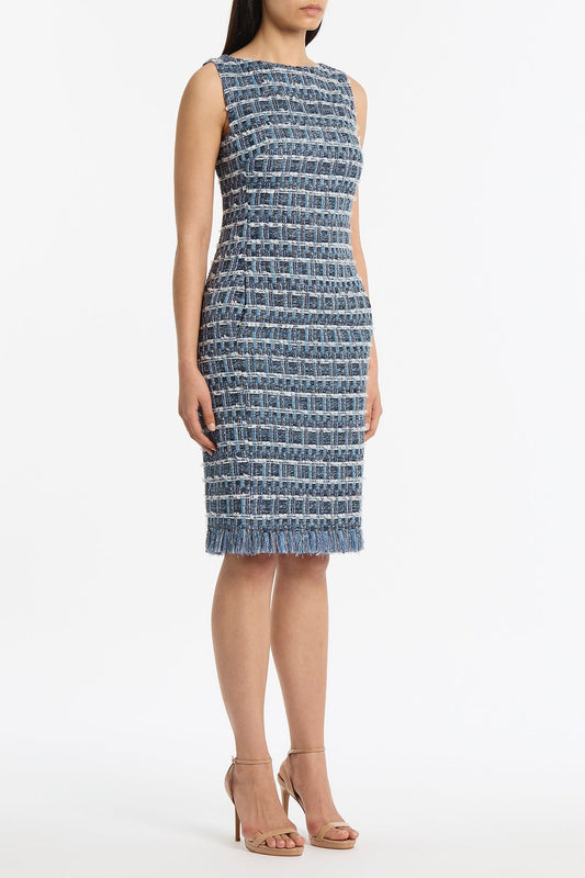 Carla Zampatti Royal Metallic Check Tweed Fringed Sheath Dress (Blue)