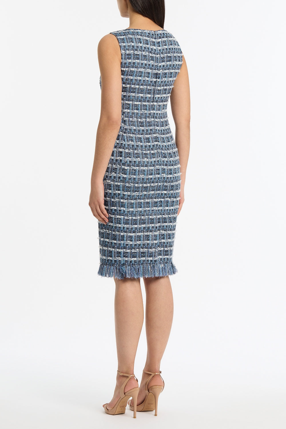 Carla Zampatti Royal Metallic Check Tweed Fringed Sheath Dress (Blue)