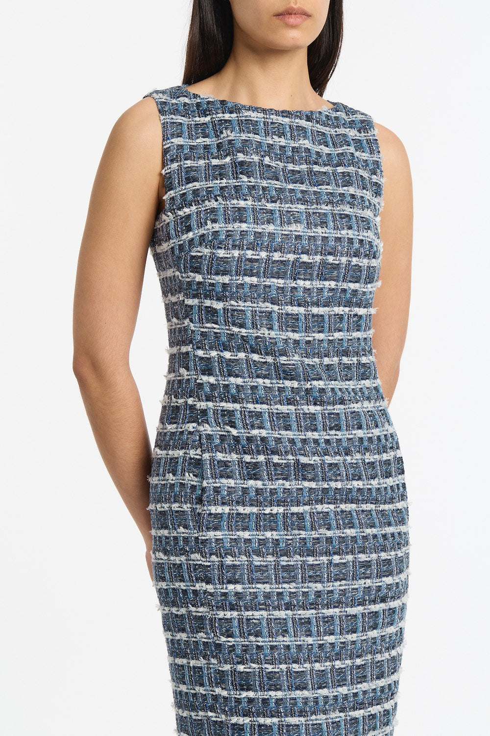Carla Zampatti Royal Metallic Check Tweed Fringed Sheath Dress (Blue)