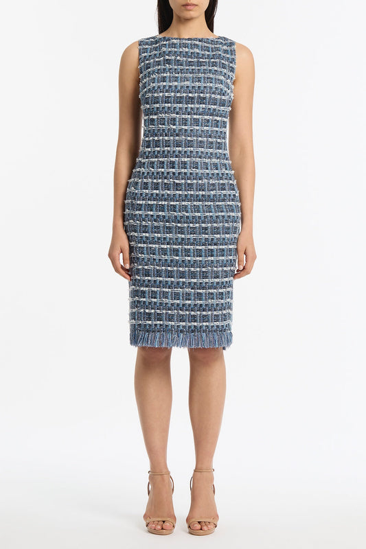Image of Dresses. Product name - Royal Metallic Check Tweed Fringed Sheath Dress in Blue colour by brand - Carla Zampatti